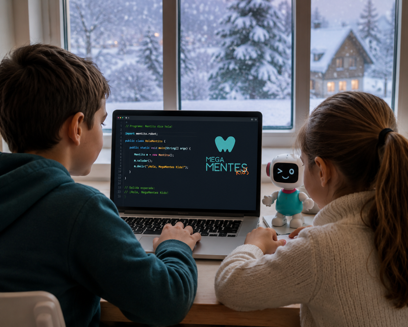Niña y niño usando una computadora con vista invernal